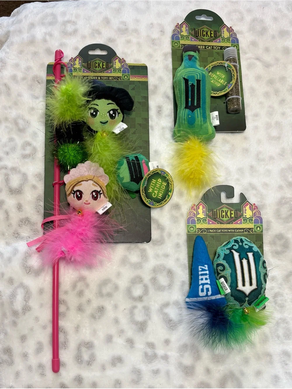 Wicked Feather & Plush Cat Toy Set - Pink, Green, Blue
